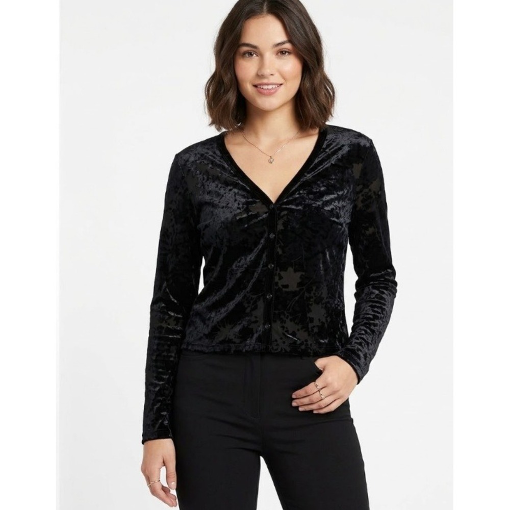 Vintage CDC Black Velvet Burnt Out V Neck Button Down‎ Size 12 Whimsigoth Y2K